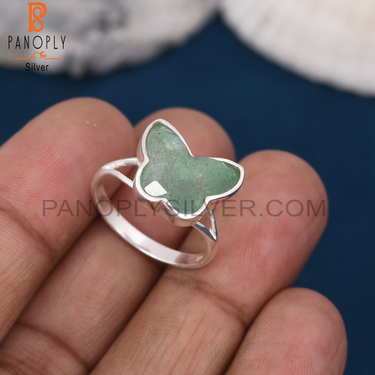 Green Strawberry Quartz 925 Silver Butterfly Rings