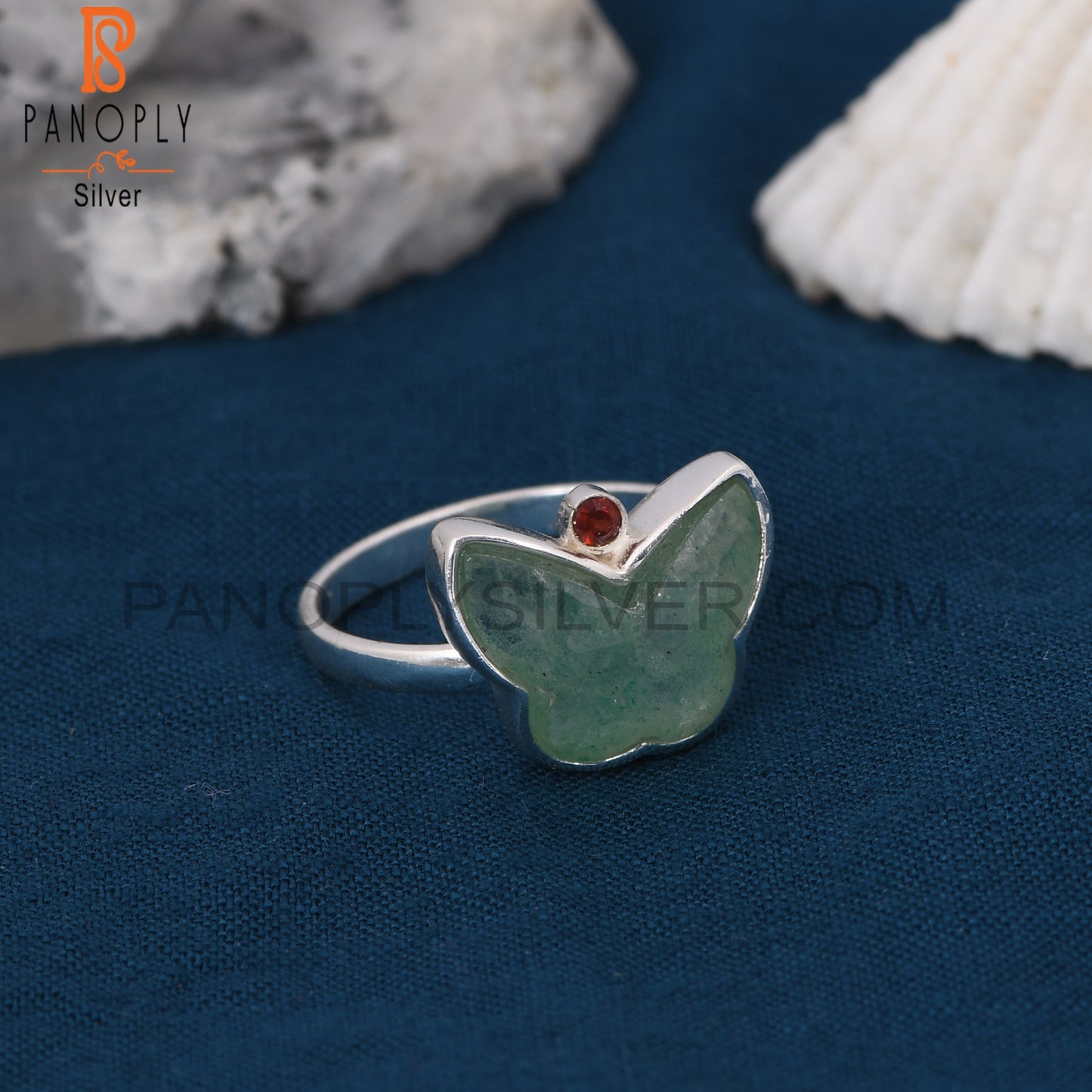 Green Strawberry Quartz, Garnet 925 Silver Butterfly Rings