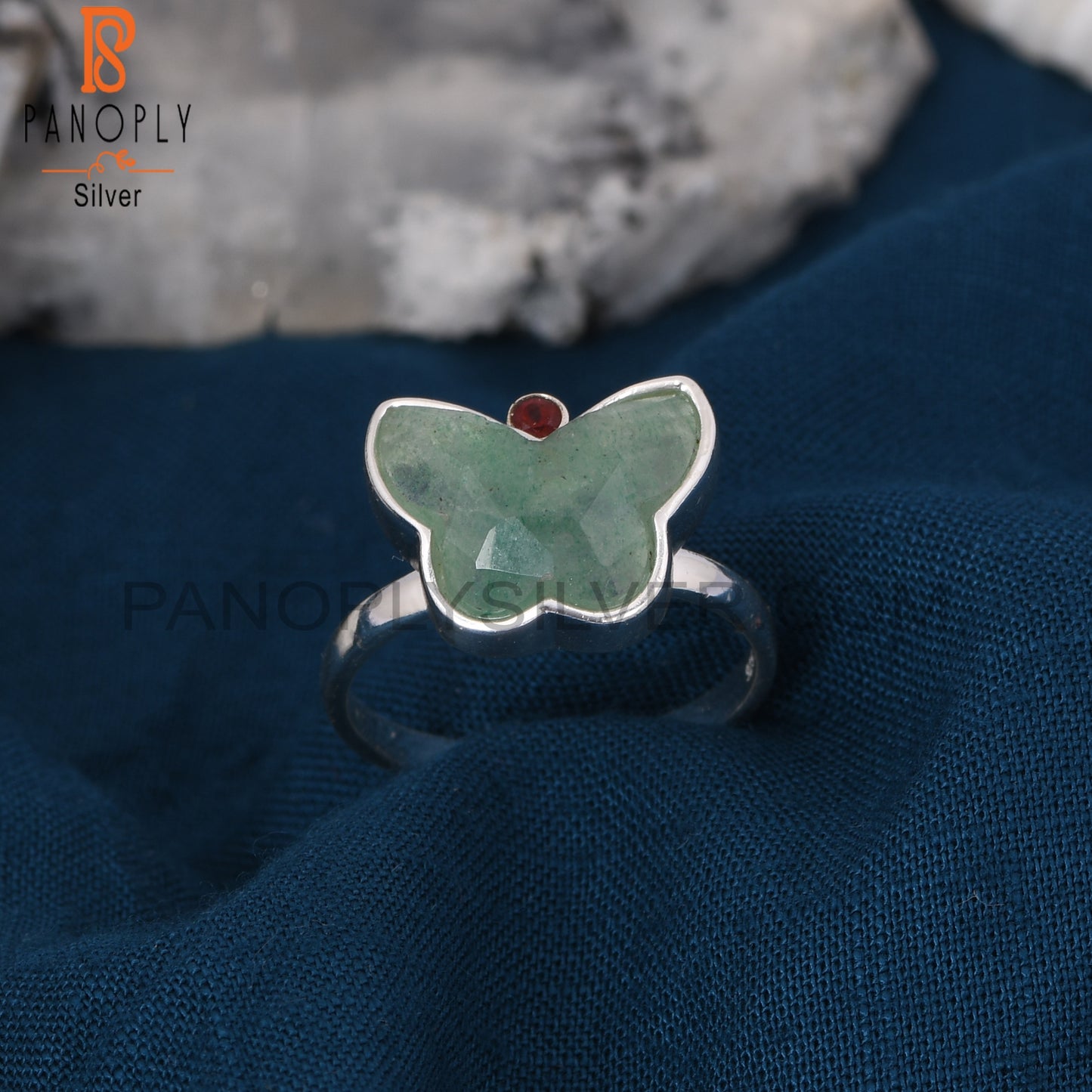 Green Strawberry Quartz, Garnet 925 Silver Butterfly Rings
