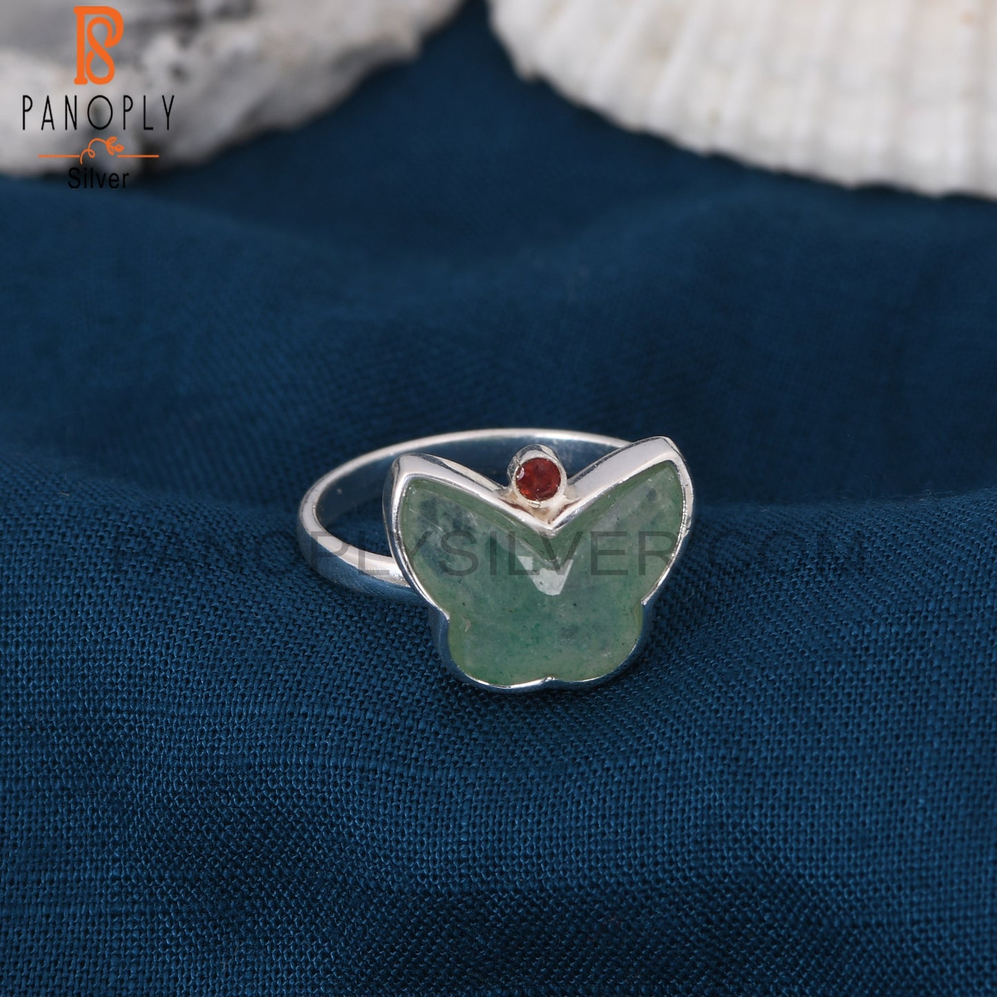 Green Strawberry Quartz, Garnet 925 Silver Butterfly Rings