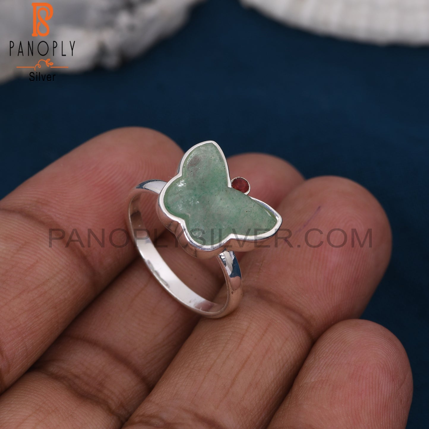 Green Strawberry Quartz, Garnet 925 Silver Butterfly Rings