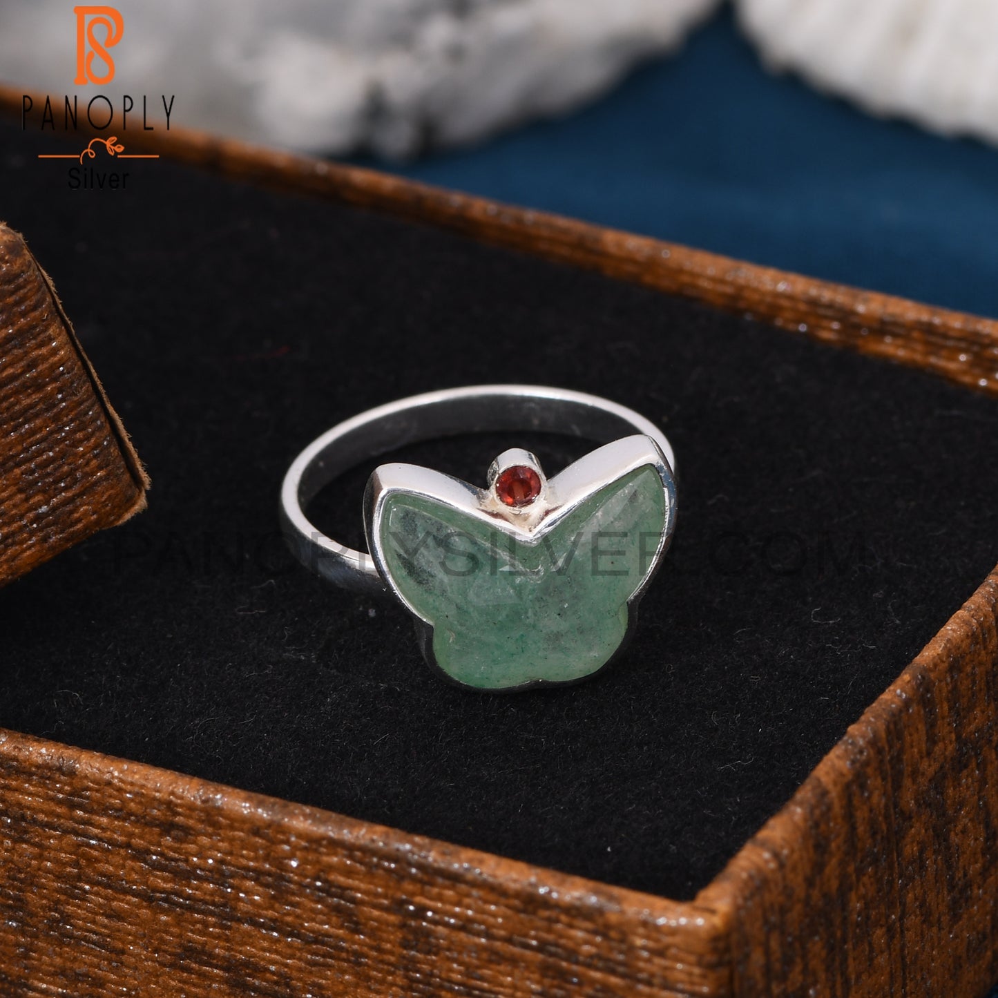 Green Strawberry Quartz, Garnet 925 Silver Butterfly Rings