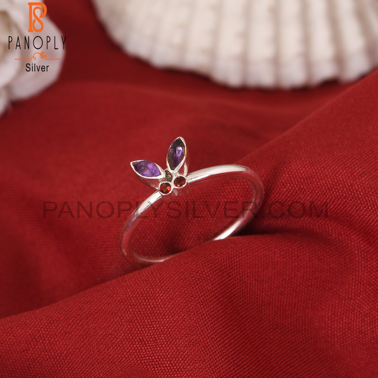 Natural Amethyst & Garnet Butterfly 925 Sterling Silver Rings