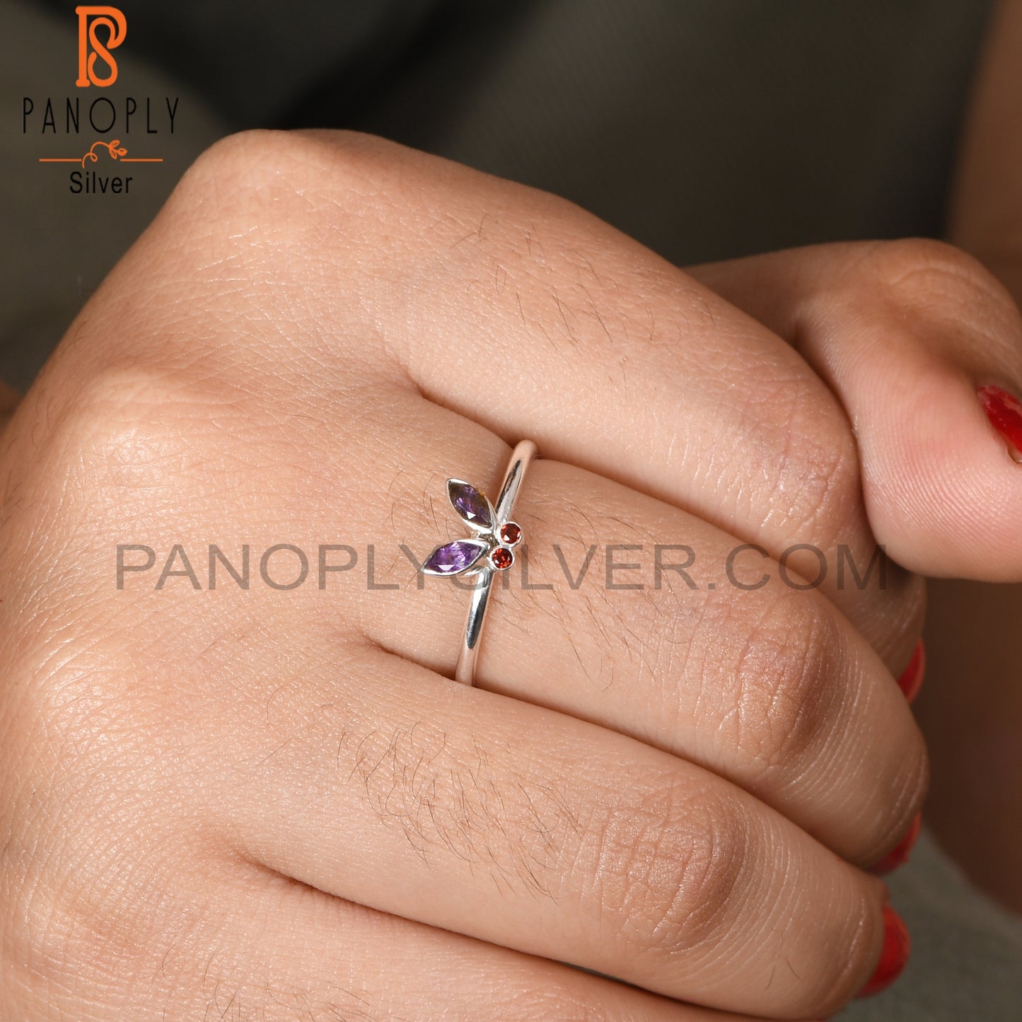 Natural Amethyst & Garnet Butterfly 925 Sterling Silver Rings