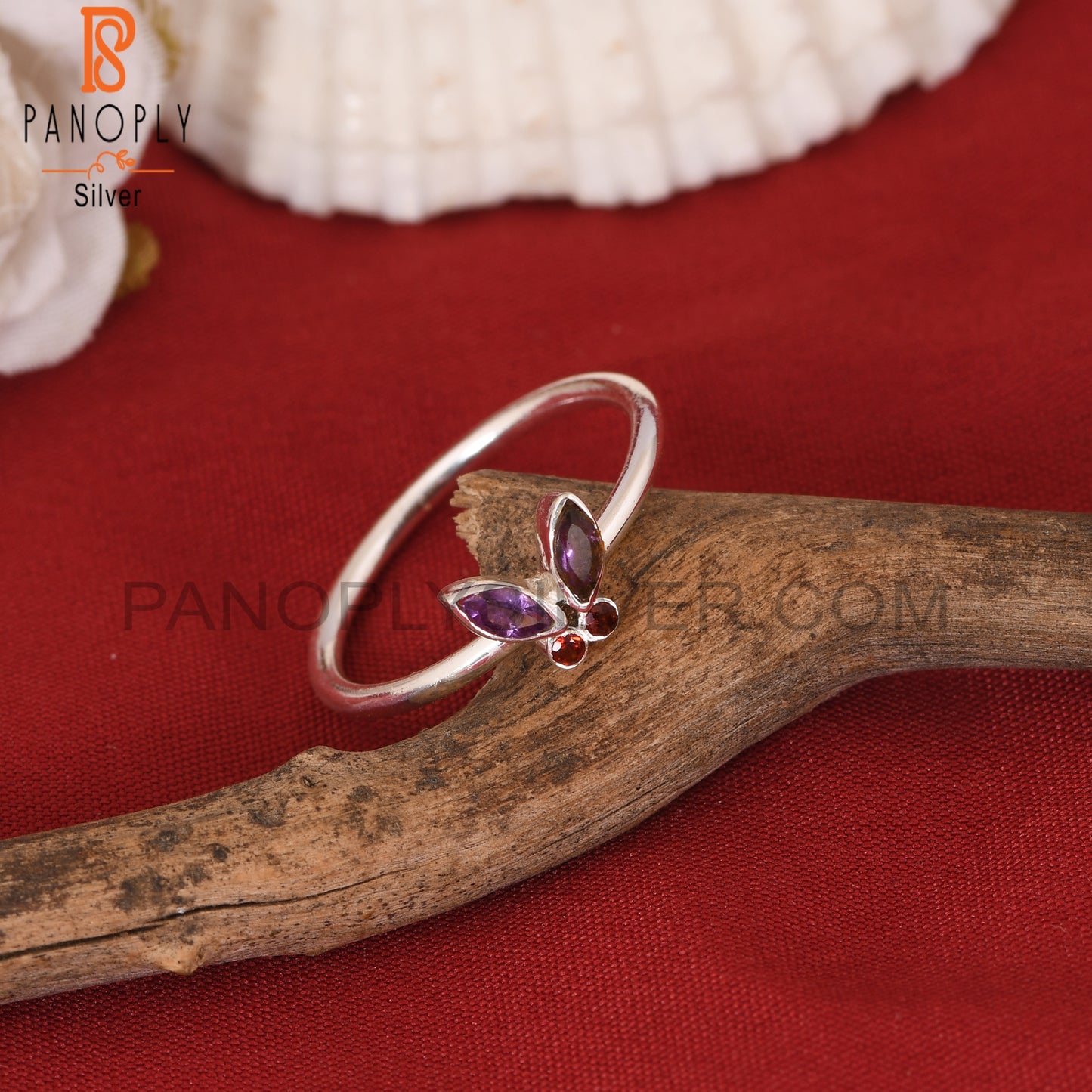 Natural Amethyst & Garnet Butterfly 925 Sterling Silver Rings