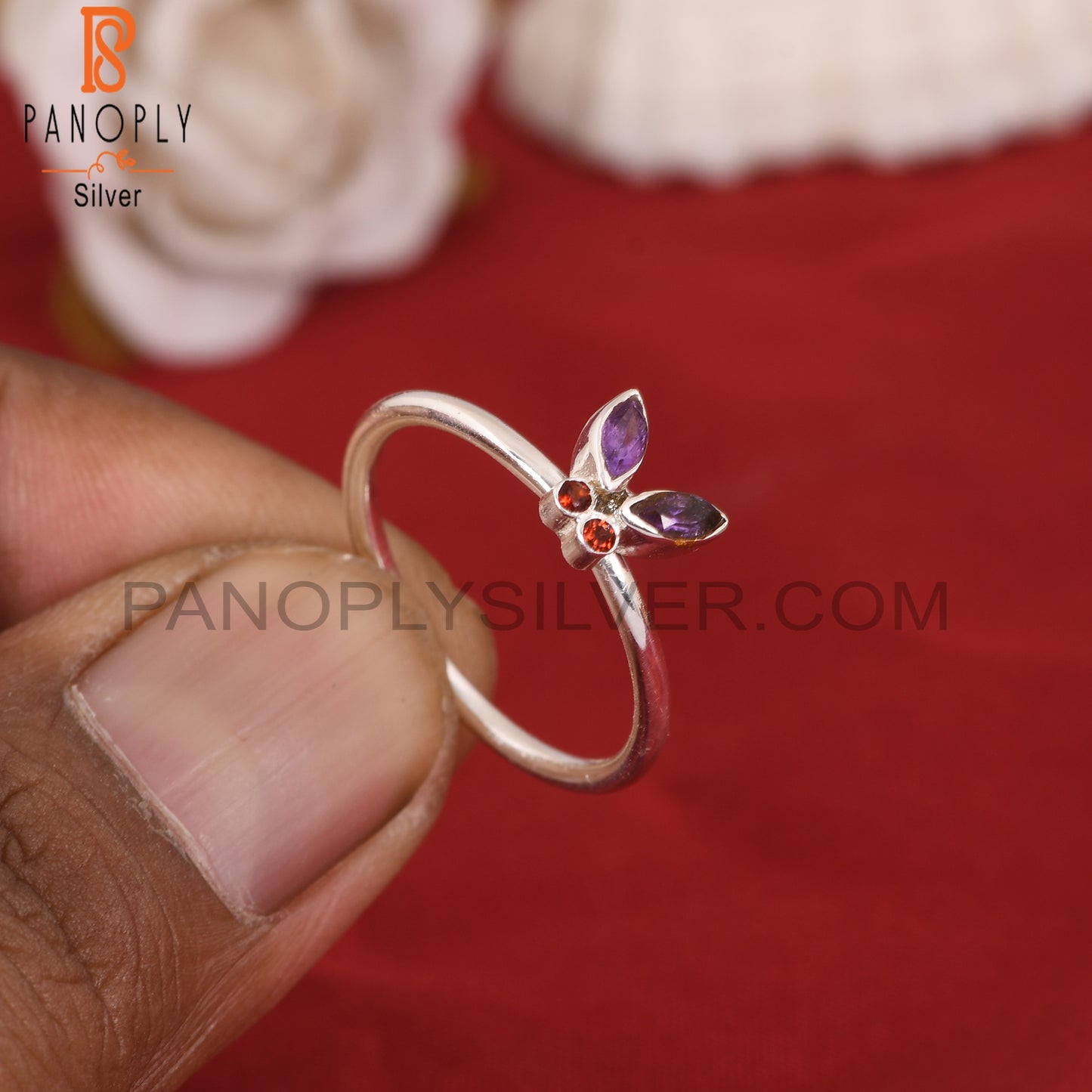 Natural Amethyst & Garnet Butterfly 925 Sterling Silver Rings