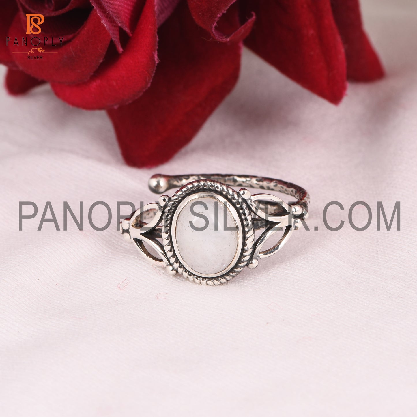 925 Silver Oval Rainbow Moonstone Adjustable Ring