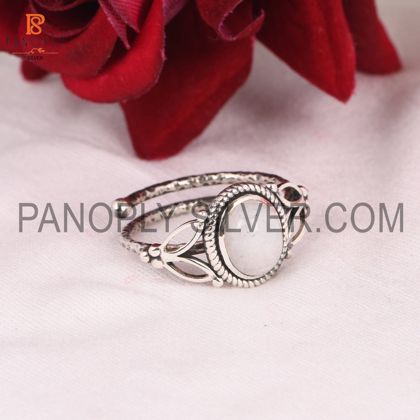 925 Silver Oval Rainbow Moonstone Adjustable Ring
