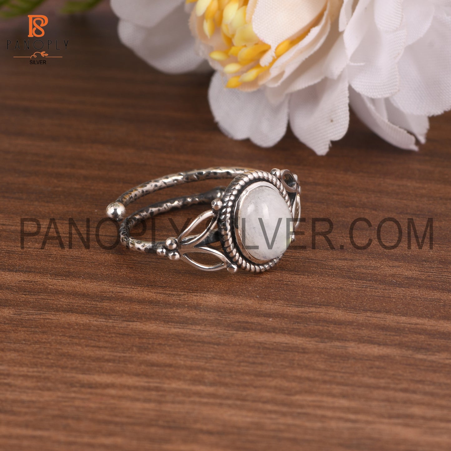 925 Silver Oval Rainbow Moonstone Adjustable Ring