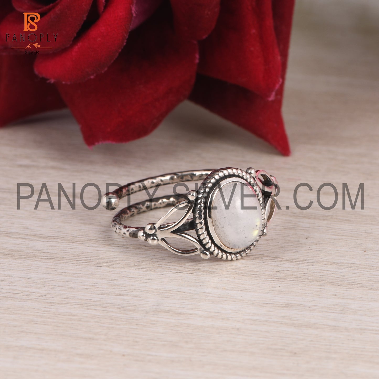 925 Silver Oval Rainbow Moonstone Adjustable Ring