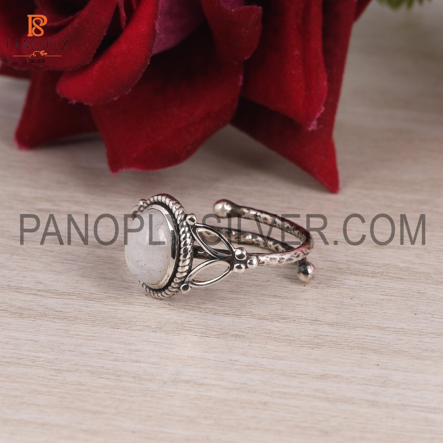 925 Silver Oval Rainbow Moonstone Adjustable Ring