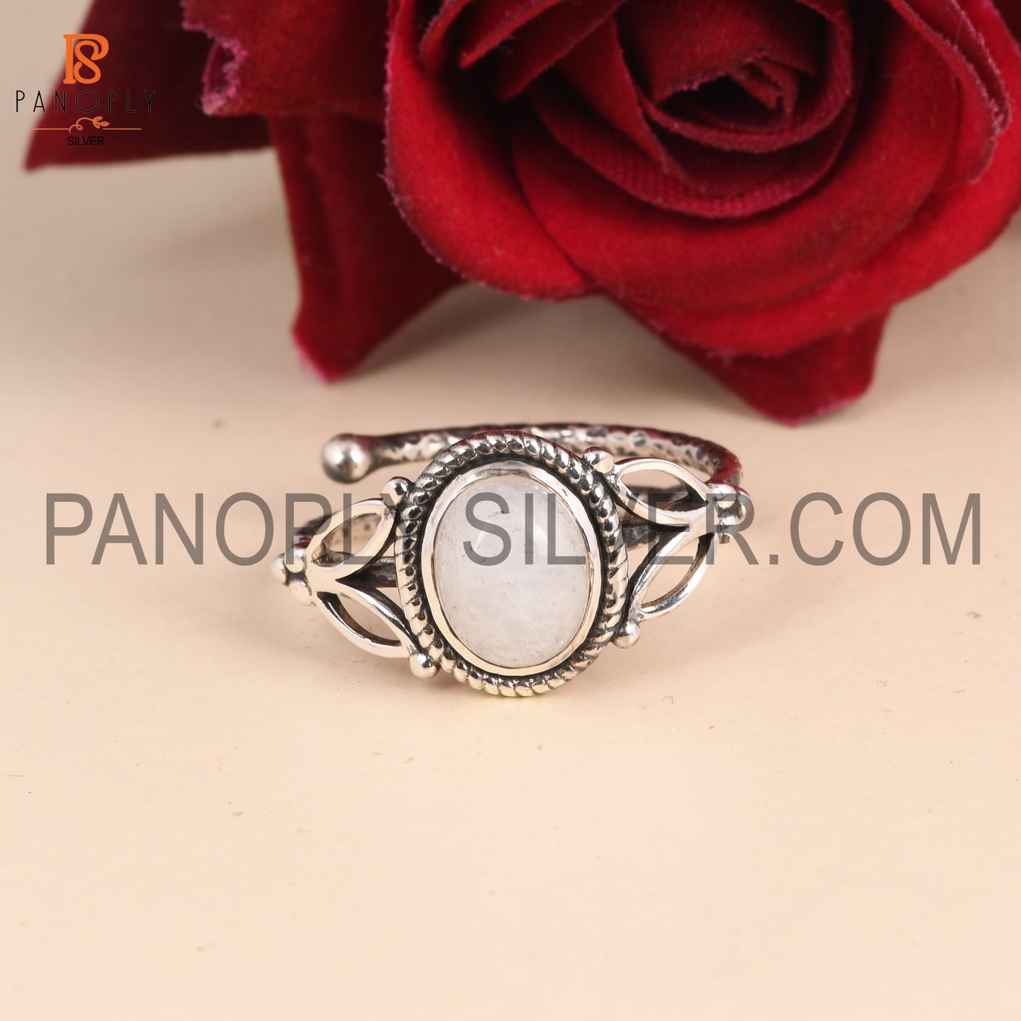 925 Silver Oval Rainbow Moonstone Adjustable Ring
