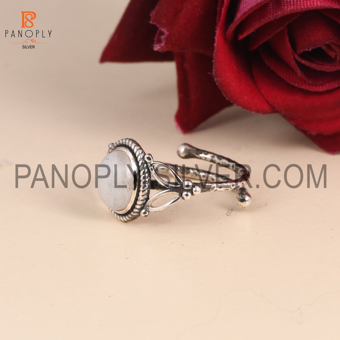 925 Silver Oval Rainbow Moonstone Adjustable Ring