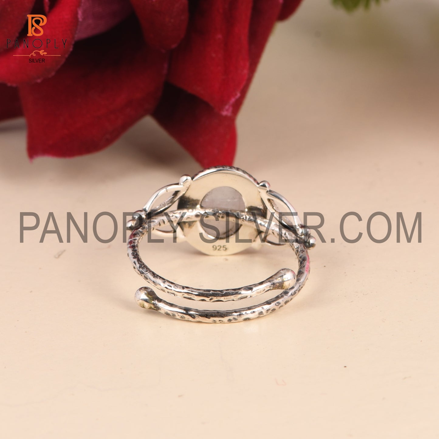 925 Silver Oval Rainbow Moonstone Adjustable Ring
