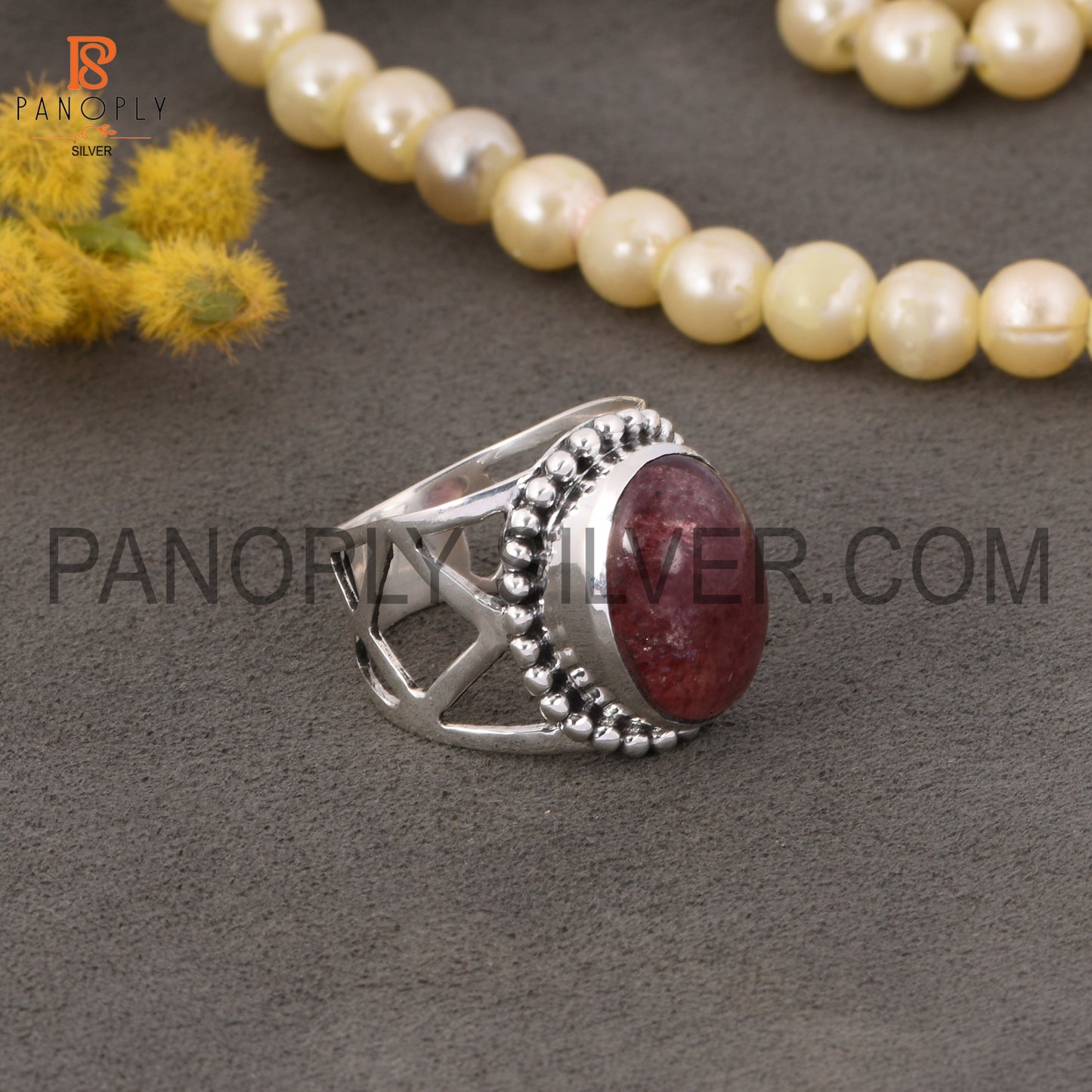 Oval 925 Silver Strawberry Quartz Stone Ring For Grandmother