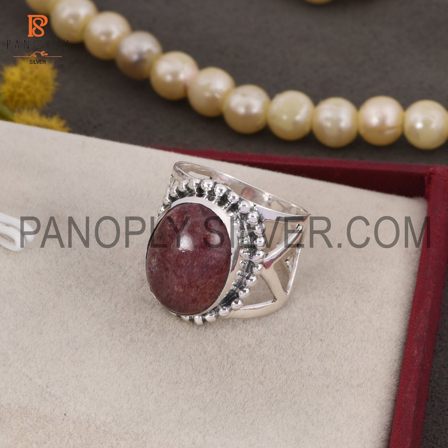 Oval 925 Silver Strawberry Quartz Stone Ring For Grandmother