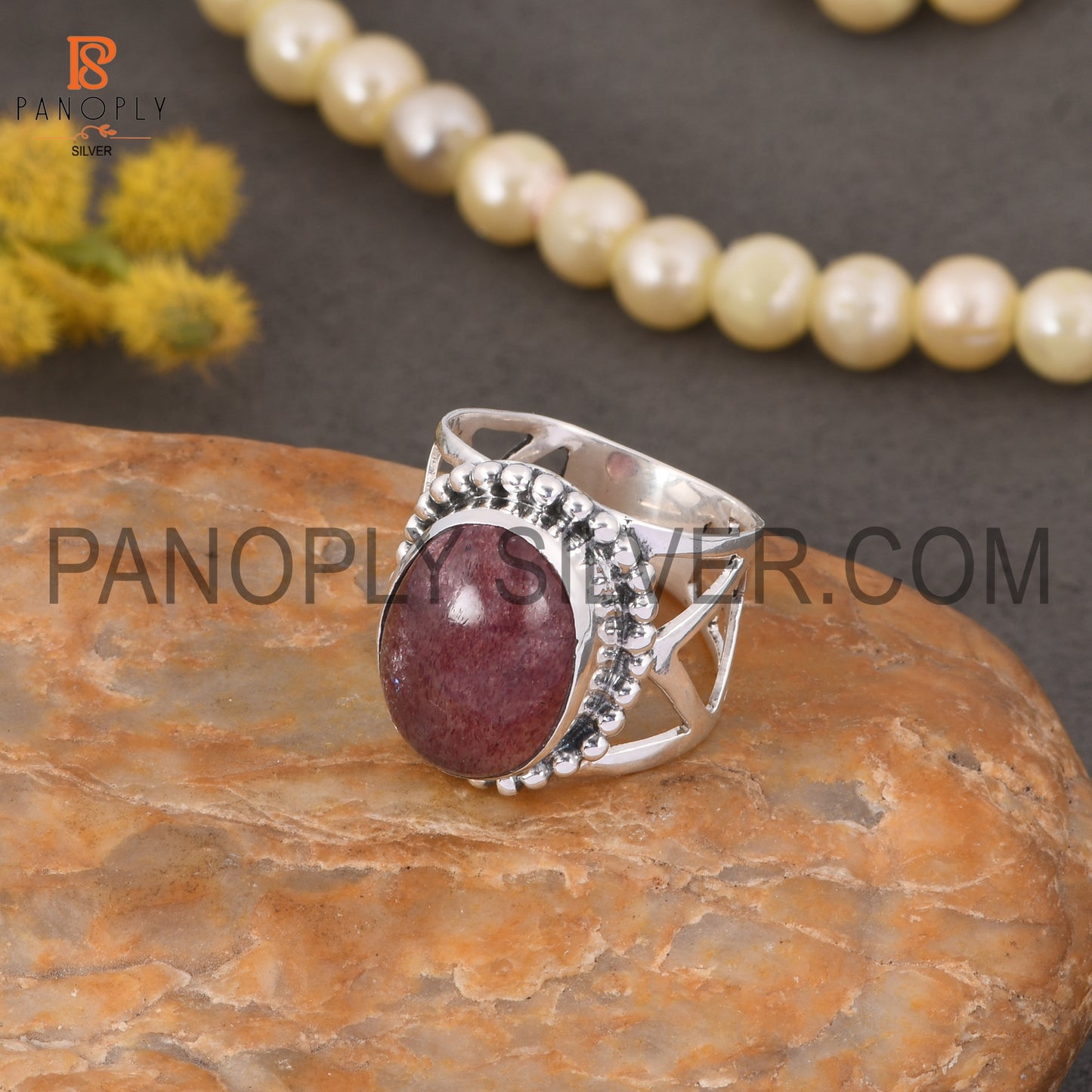 Oval 925 Silver Strawberry Quartz Stone Ring For Grandmother