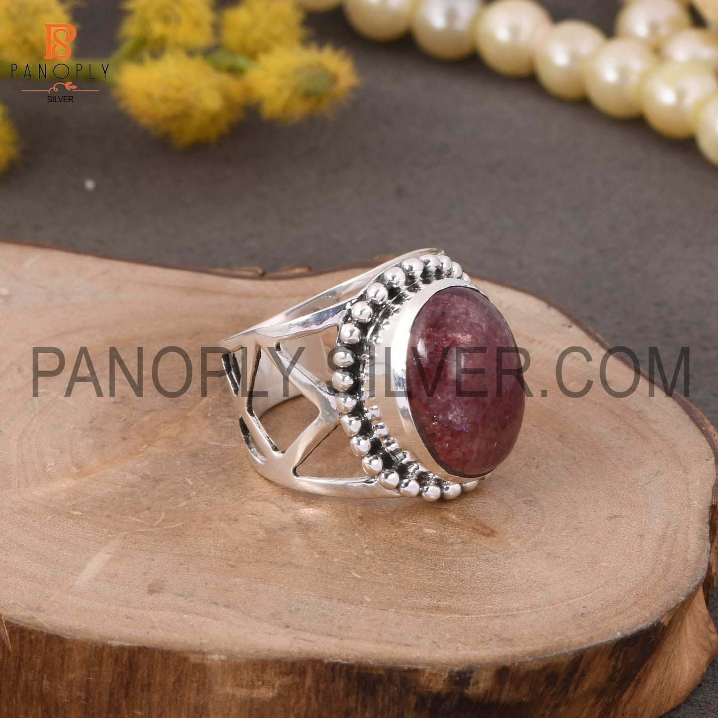 Oval 925 Silver Strawberry Quartz Stone Ring For Grandmother