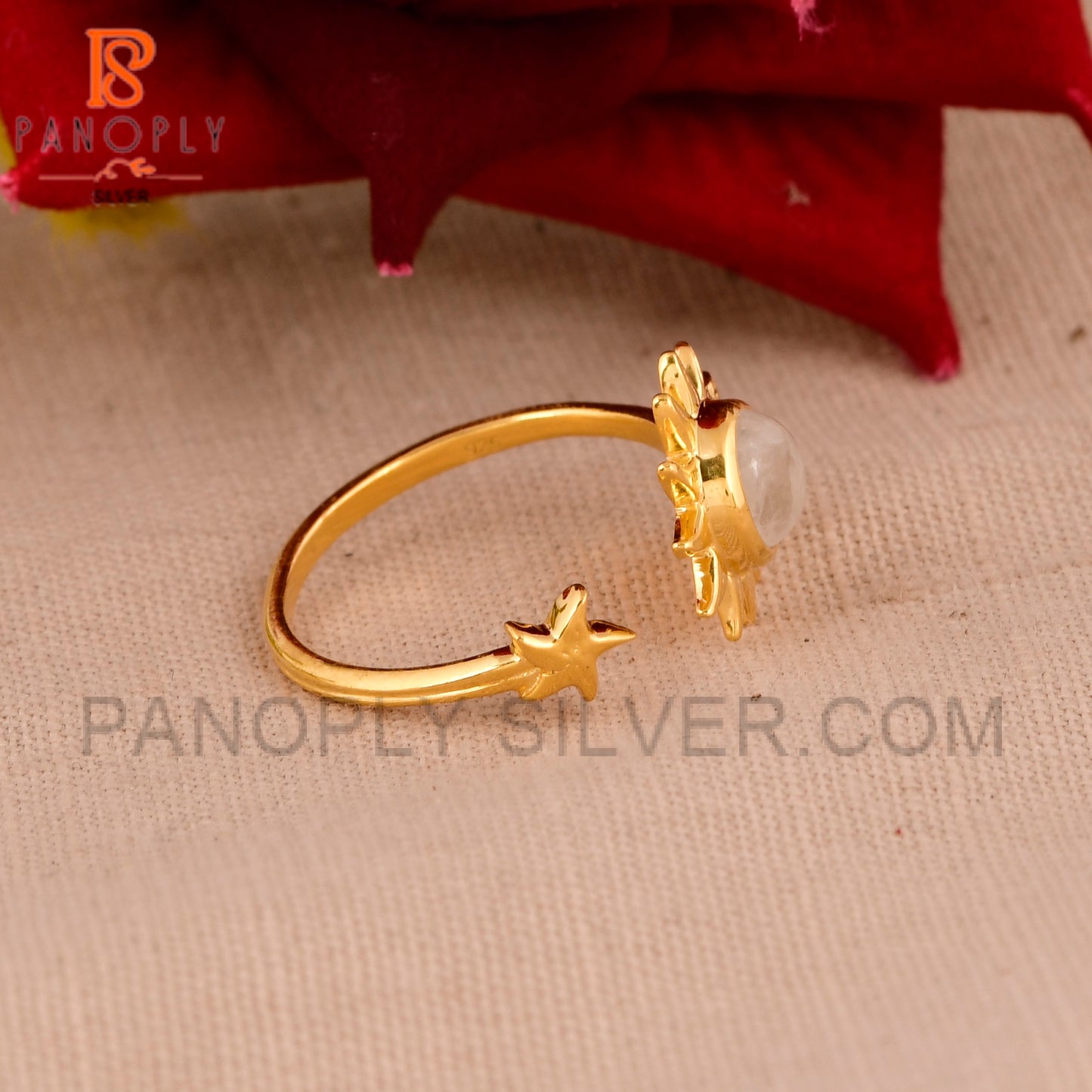Gold Sun Ring with Rainbow Moonstone 18k Gold Plated Ring
