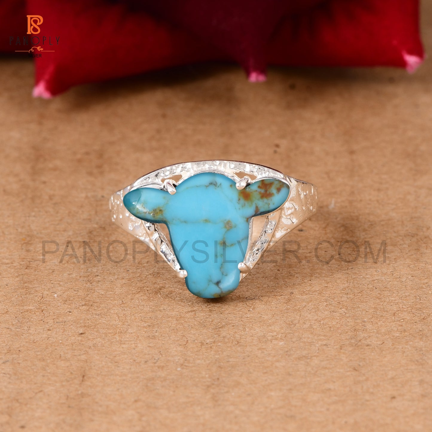 Handcrafted 925 Silver Cow Head Ring with Kingman Turquoise Jewelry