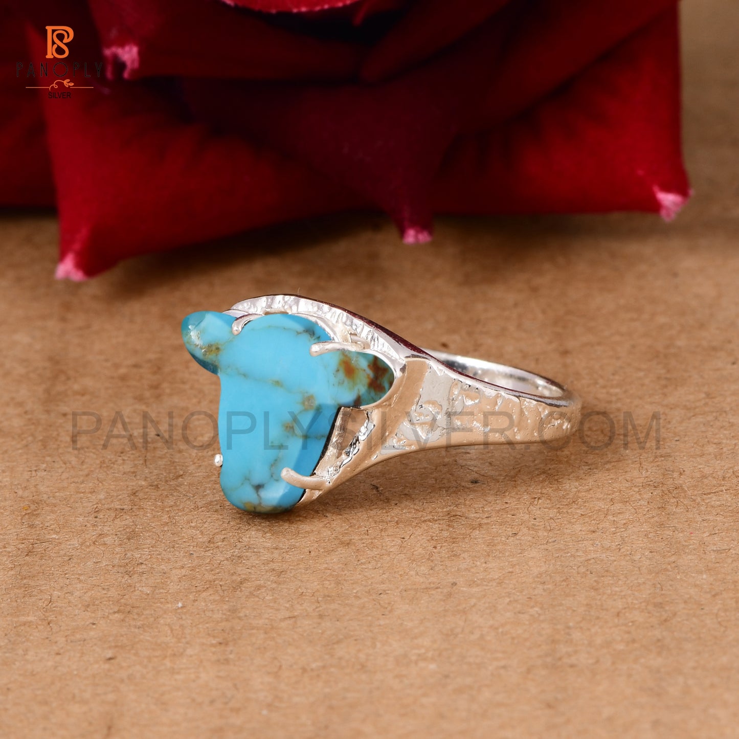 Handcrafted 925 Silver Cow Head Ring with Kingman Turquoise Jewelry