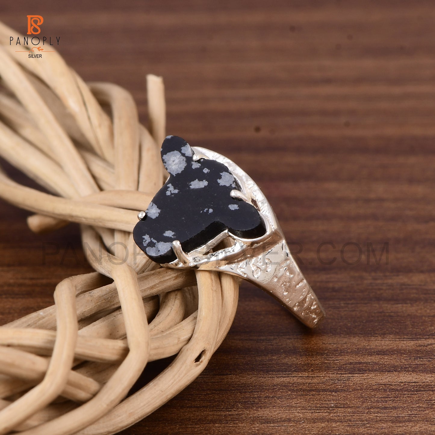 925 Silver Cow Head Ring with Snowflake Obsidian - Unique Animal Lover Jewelry