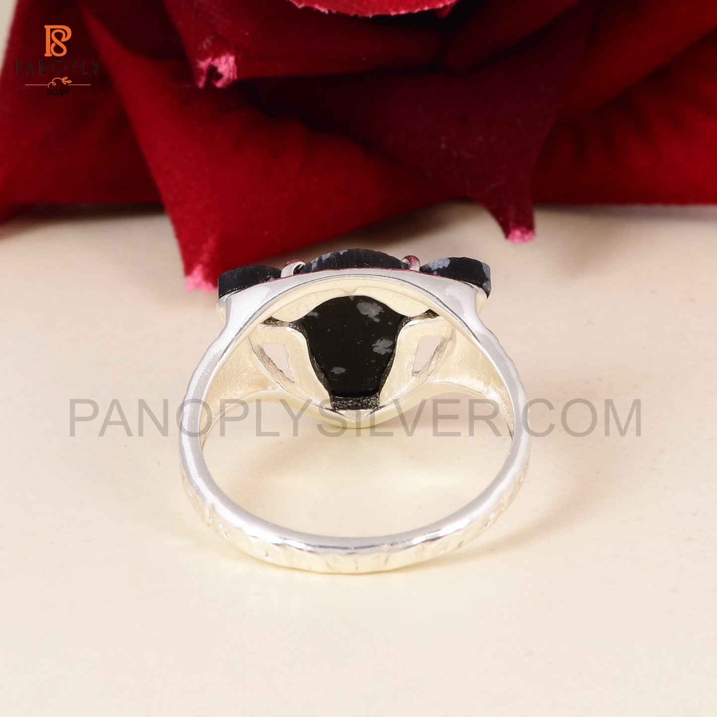925 Silver Cow Head Ring with Snowflake Obsidian - Unique Animal Lover Jewelry