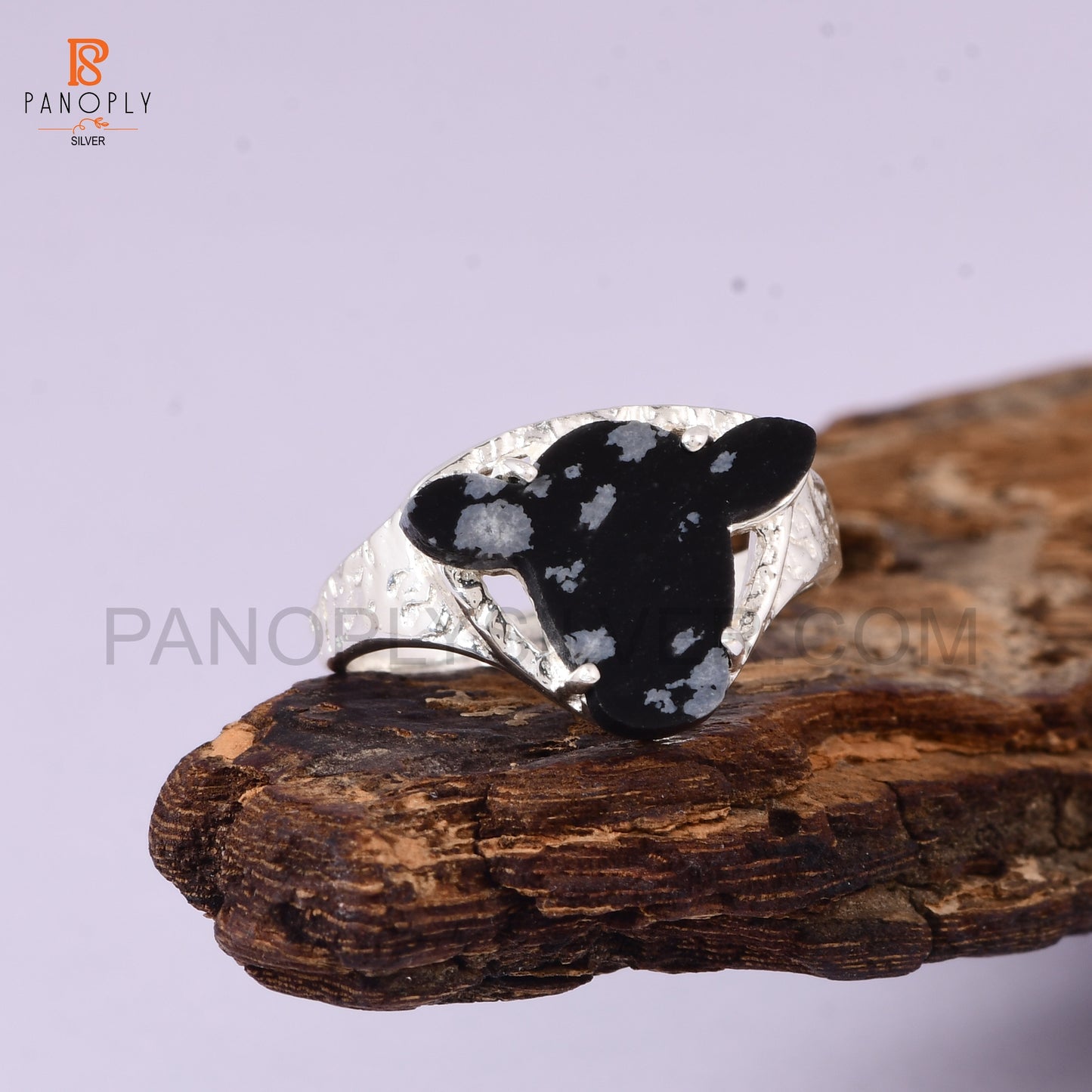 925 Silver Cow Head Ring with Snowflake Obsidian - Unique Animal Lover Jewelry