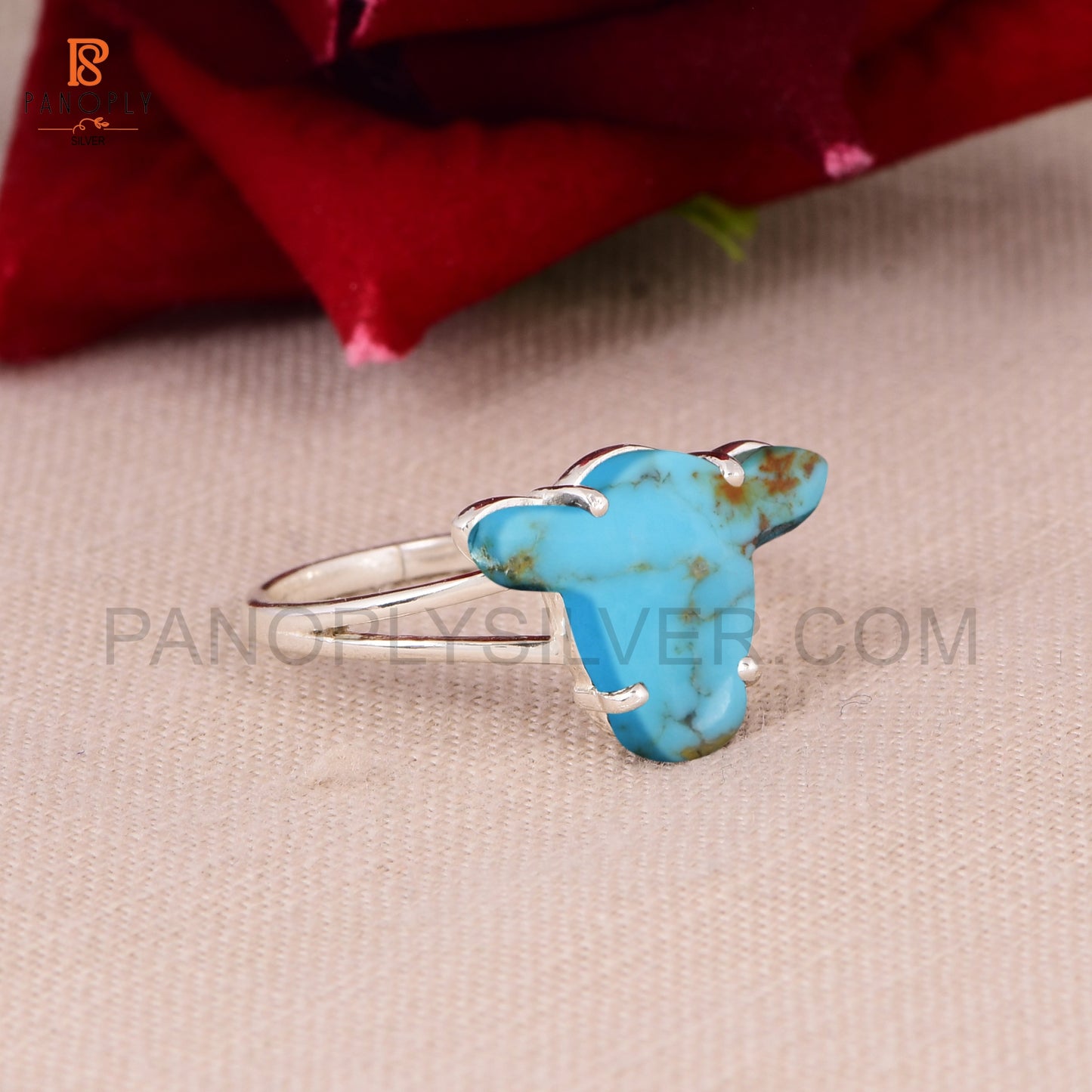 Cow Head Ring in 925 Silver with Kingman Turquoise Gift for Animal Lovers