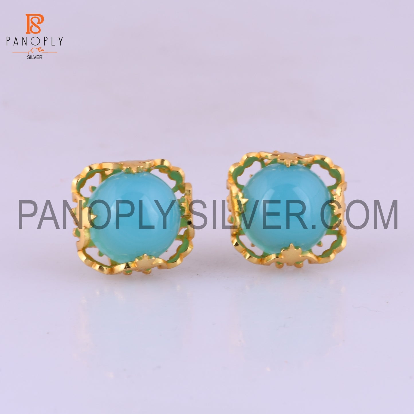 Aqua Chalcedony Filigree Band 925 18k Gold Plated Earrings