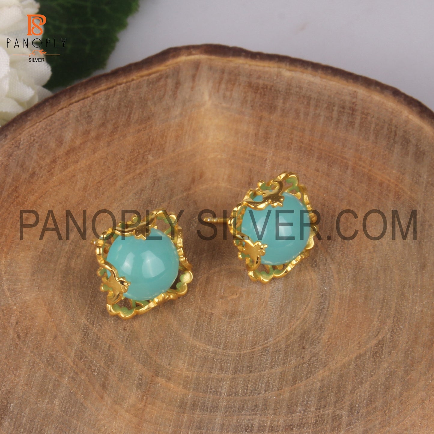 Aqua Chalcedony Filigree Band 925 18k Gold Plated Earrings