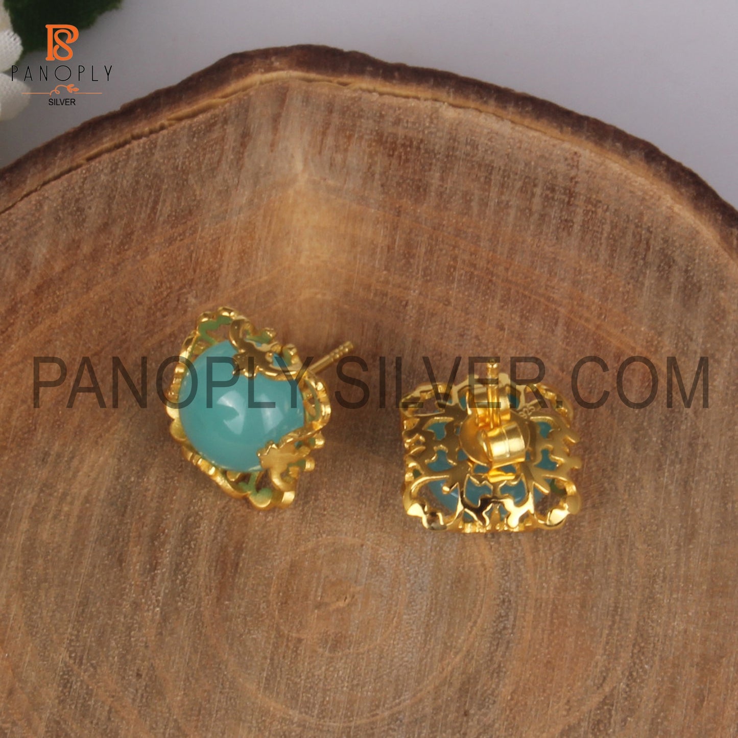 Aqua Chalcedony Filigree Band 925 18k Gold Plated Earrings