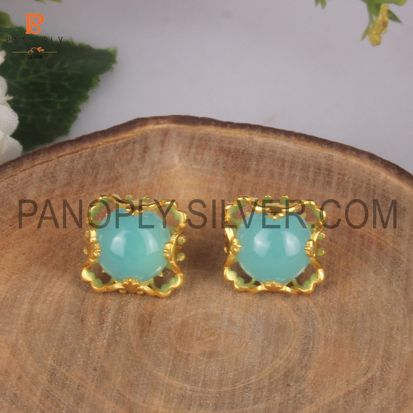 Aqua Chalcedony Filigree Band 925 18k Gold Plated Earrings