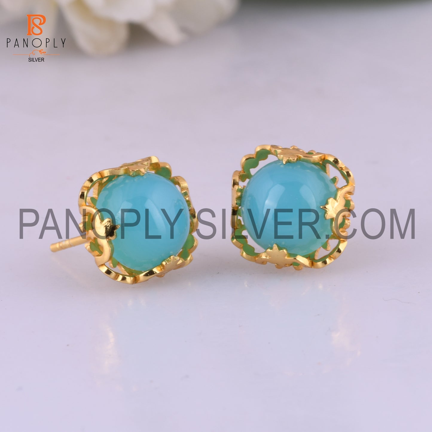 Aqua Chalcedony Filigree Band 925 18k Gold Plated Earrings