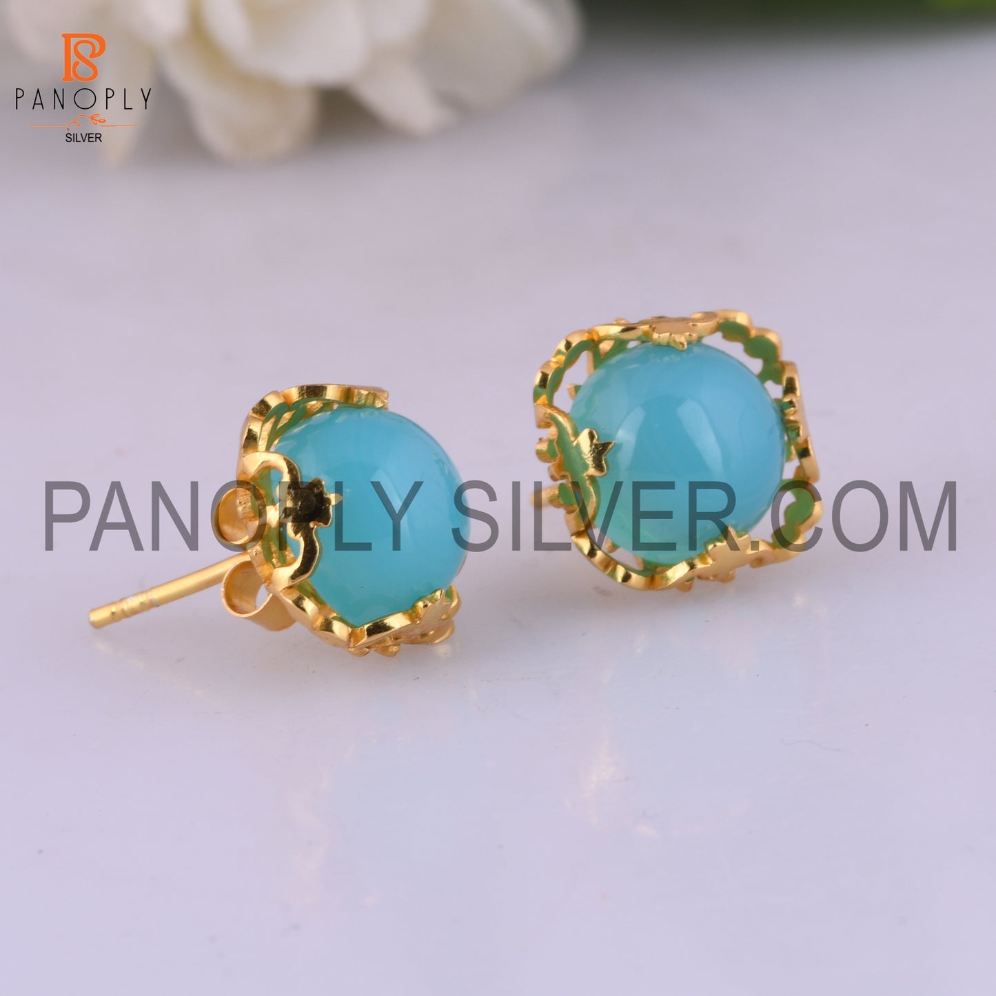 Aqua Chalcedony Filigree Band 925 18k Gold Plated Earrings