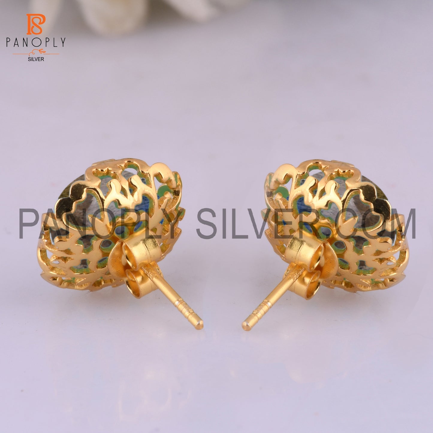 Aqua Chalcedony Filigree Band 925 18k Gold Plated Earrings