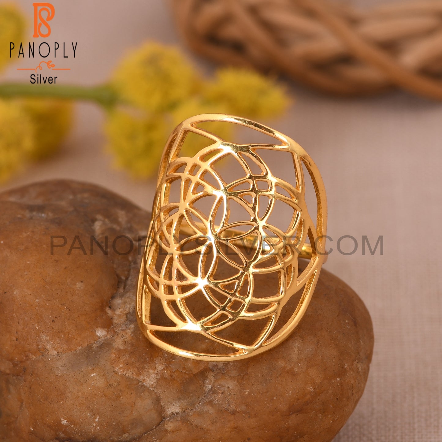 Mandala Flower 925 Sterling Silver Gold Rings