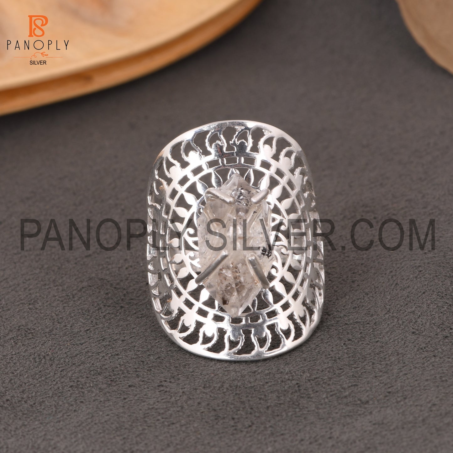 Raw Herkimer Stone Mandala Silver Filigree Statement Rings