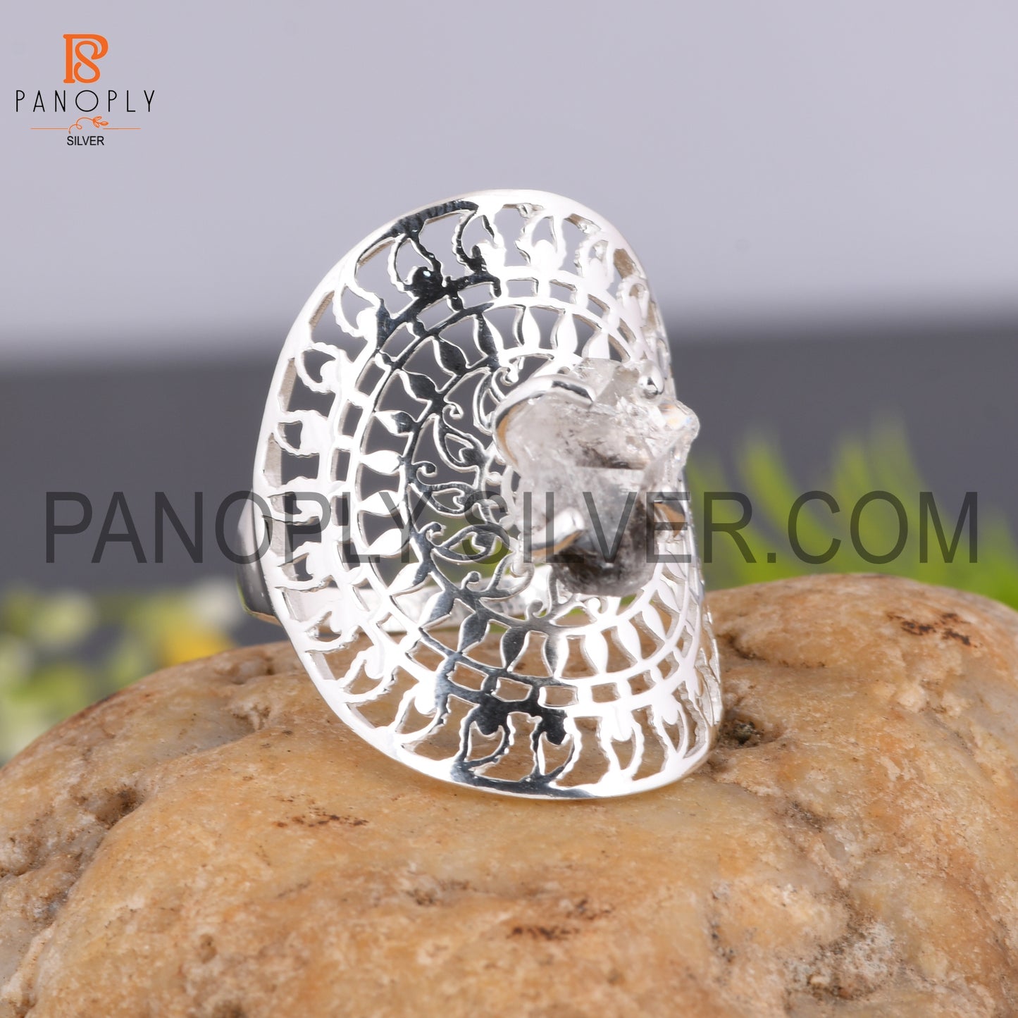 Raw Herkimer Stone Mandala Silver Filigree Statement Rings