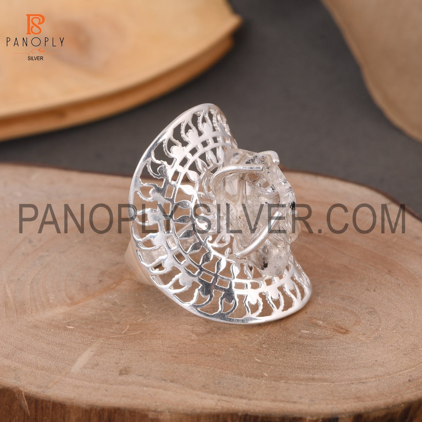 Raw Herkimer Stone Mandala Silver Filigree Statement Rings