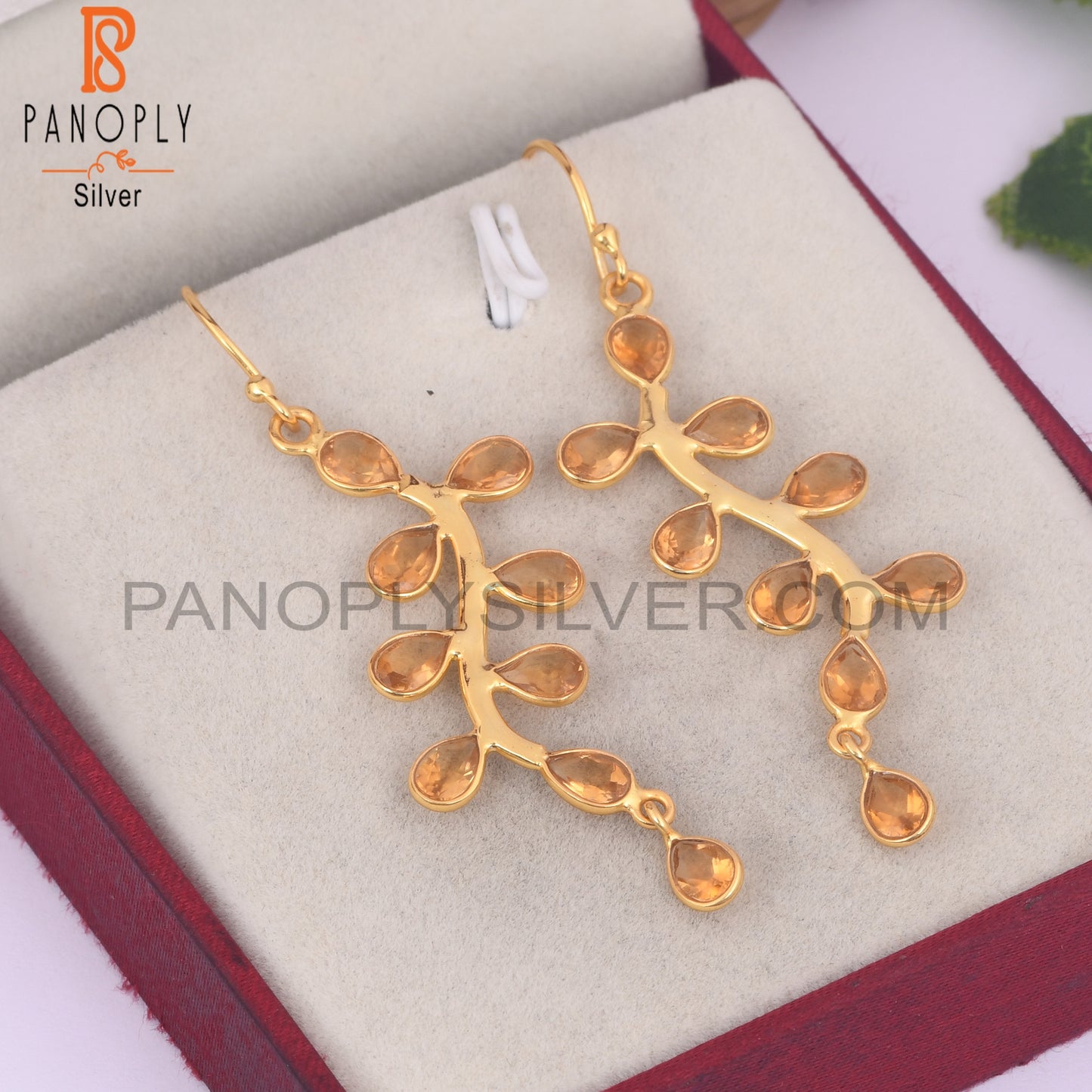 Natural Citrine Long Leaf Wedding Earrings