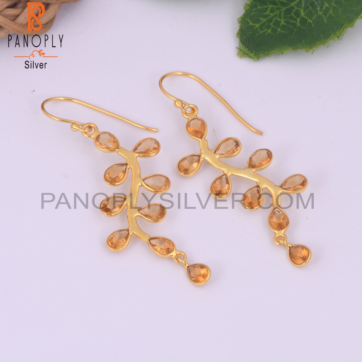 Natural Citrine Long Leaf Wedding Earrings