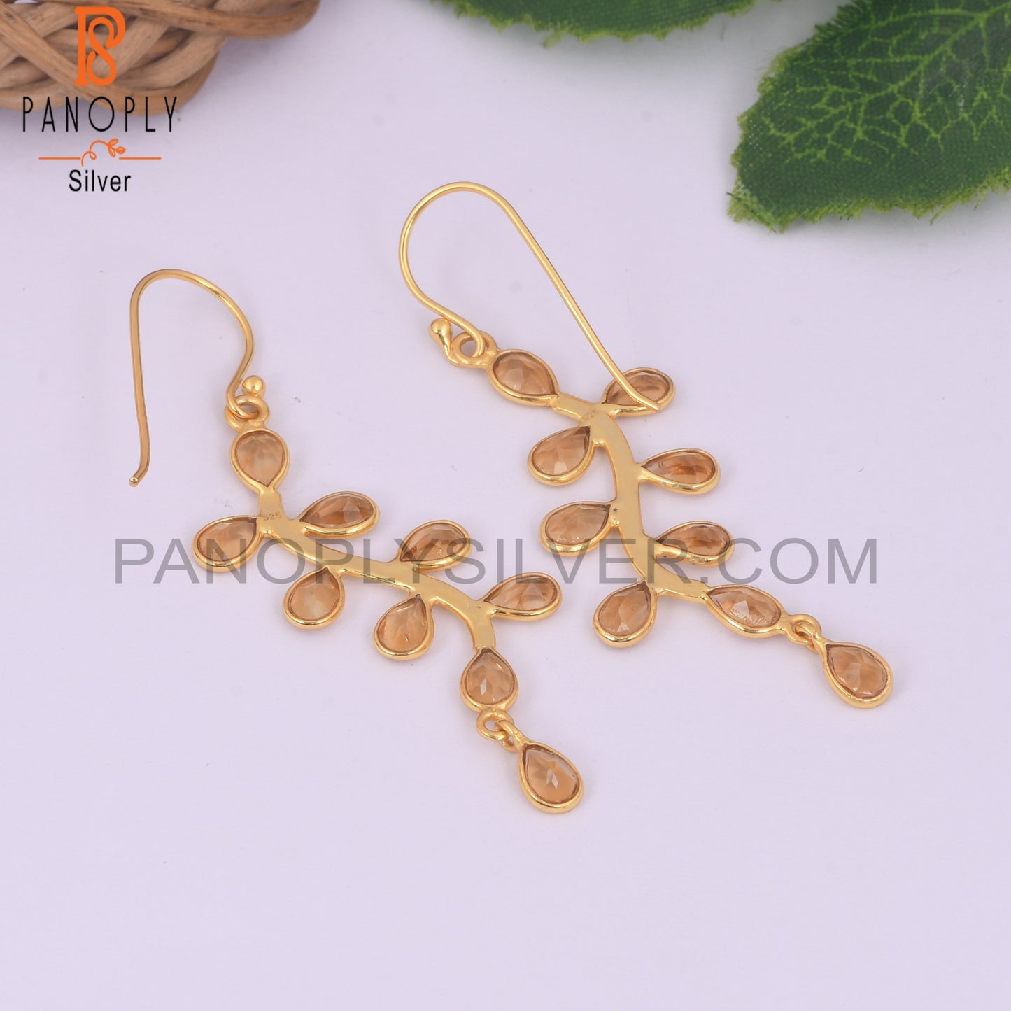 Natural Citrine Long Leaf Wedding Earrings