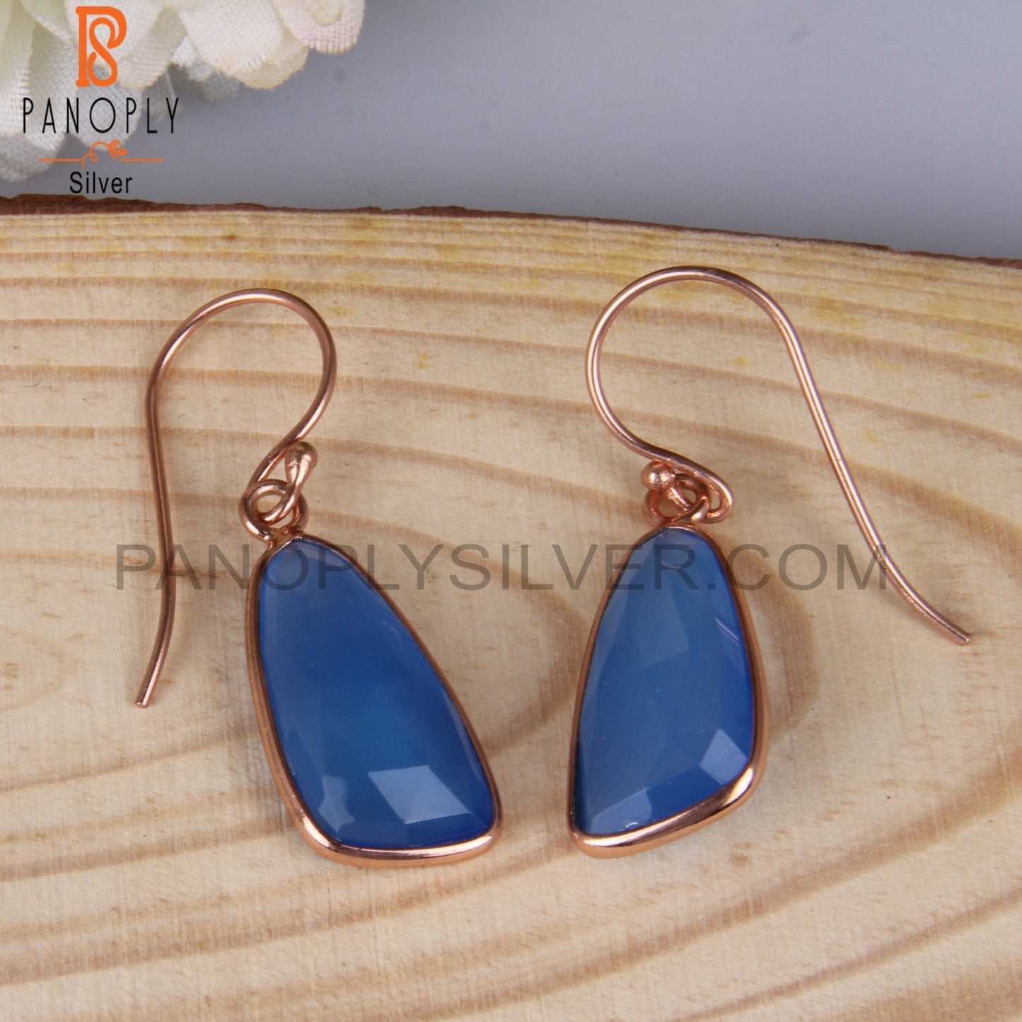 Checker Cut Blue Chalcedony Rose Gold Plating Earrings