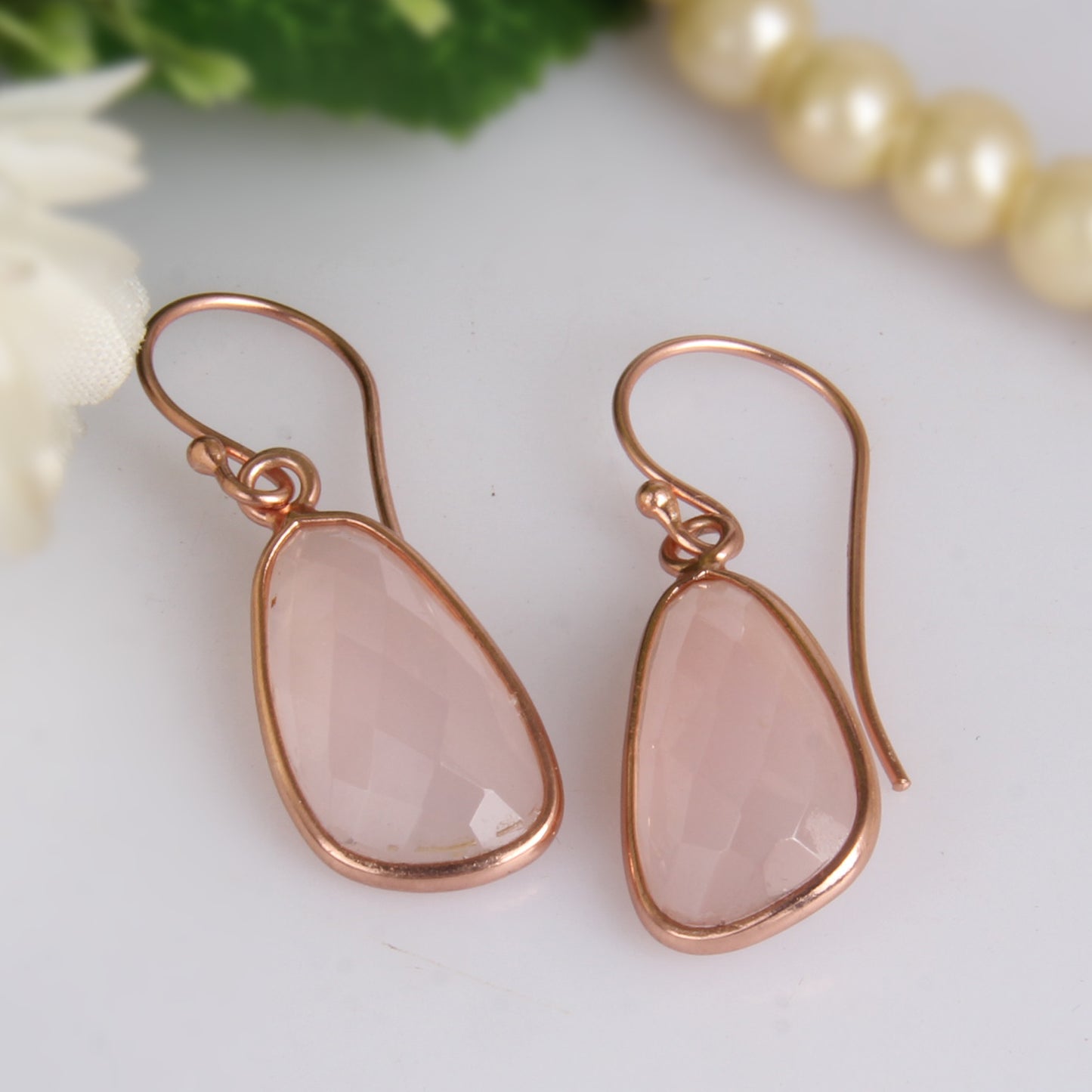Rose Chalcedony Rose Gold 925 Quality Hook Dangle Earrings