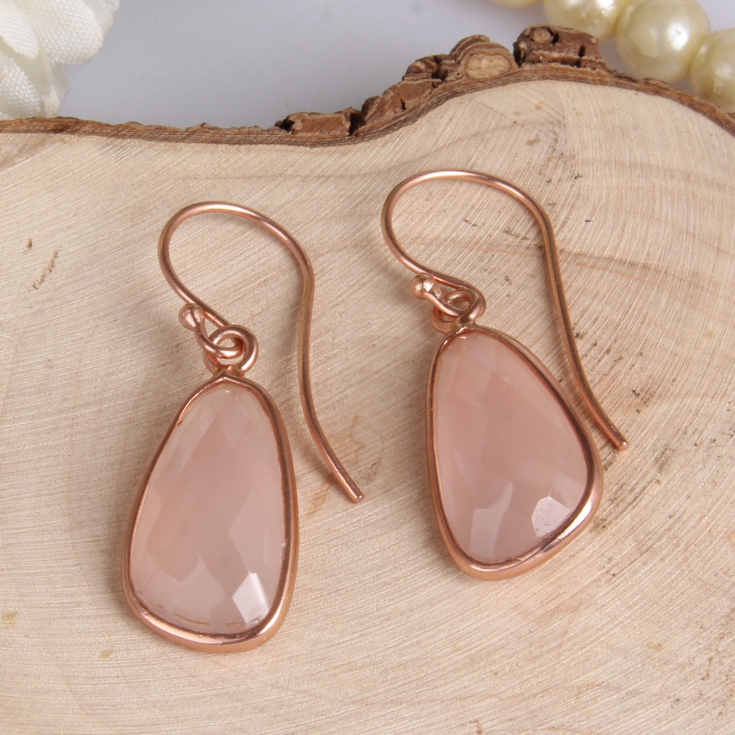 Rose Chalcedony Rose Gold 925 Quality Hook Dangle Earrings