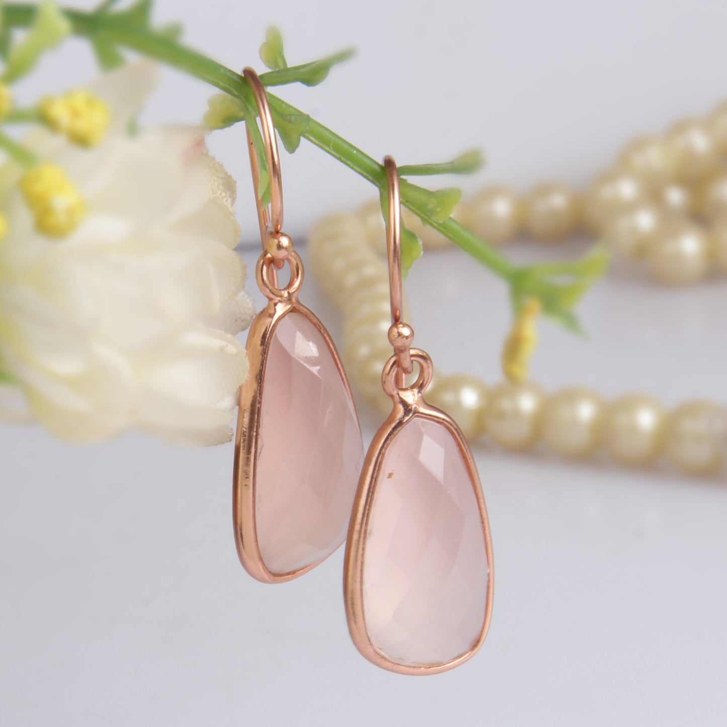 Rose Chalcedony Rose Gold 925 Quality Hook Dangle Earrings