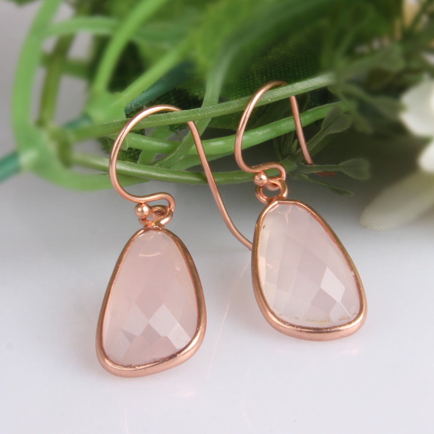 Rose Chalcedony Rose Gold 925 Quality Hook Dangle Earrings