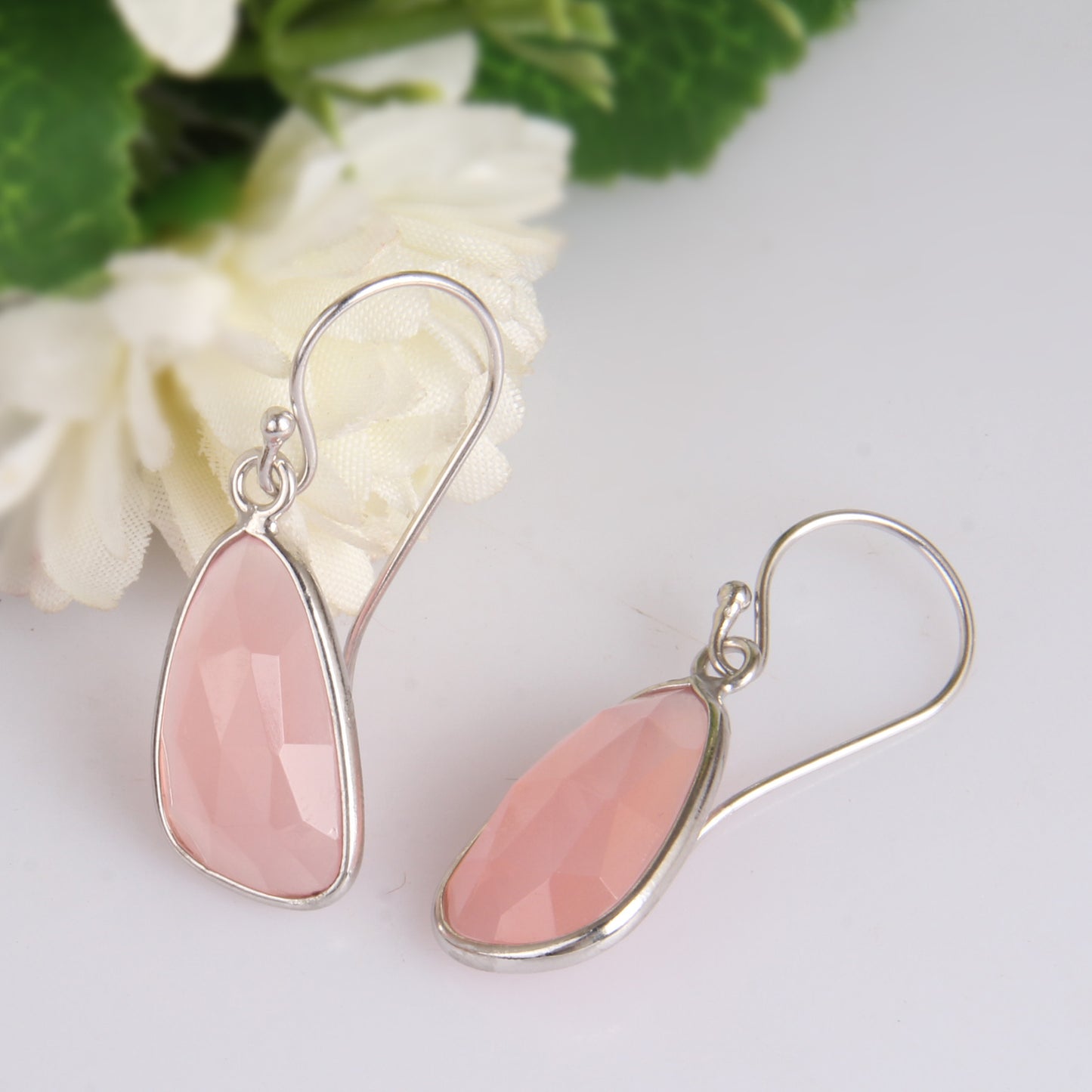 Rose Chalcedony White Rhodium 925 Quality Hook Dangle Earrings