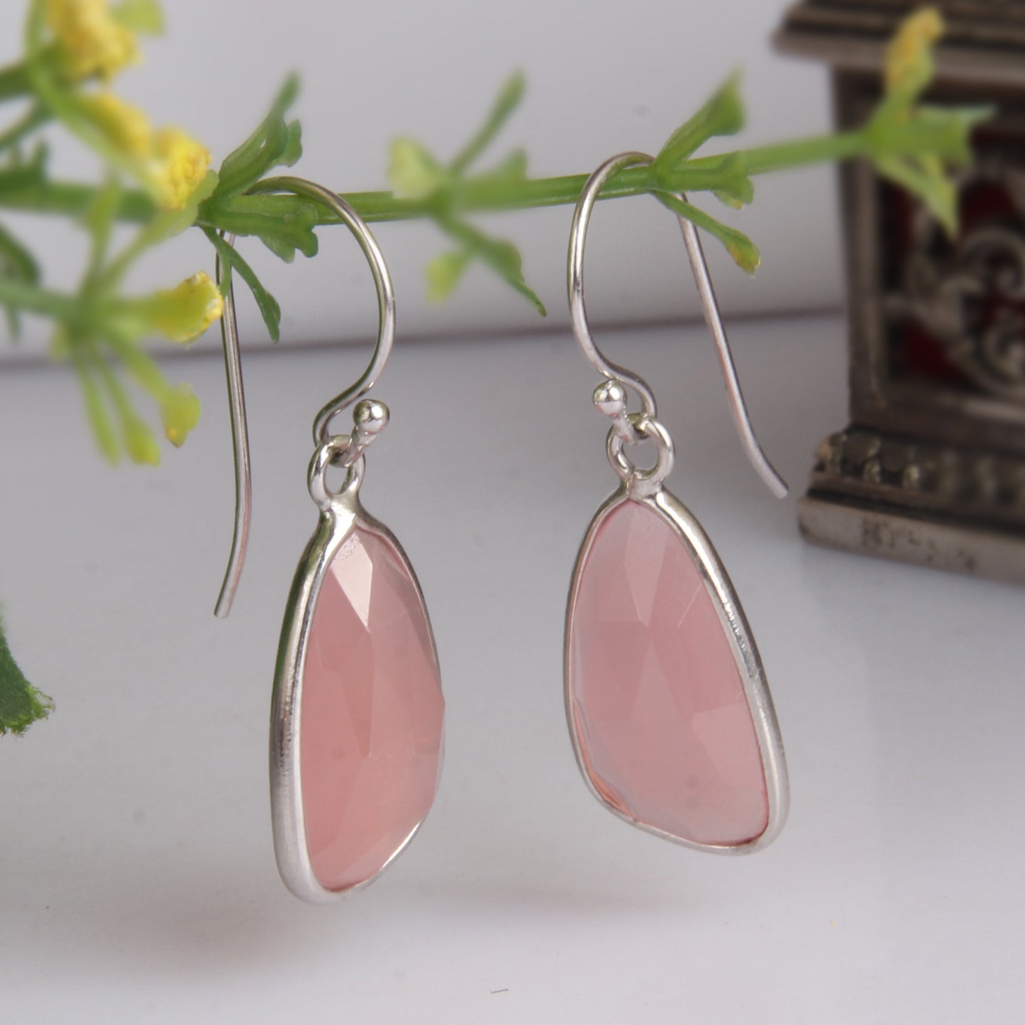 Rose Chalcedony White Rhodium 925 Quality Hook Dangle Earrings